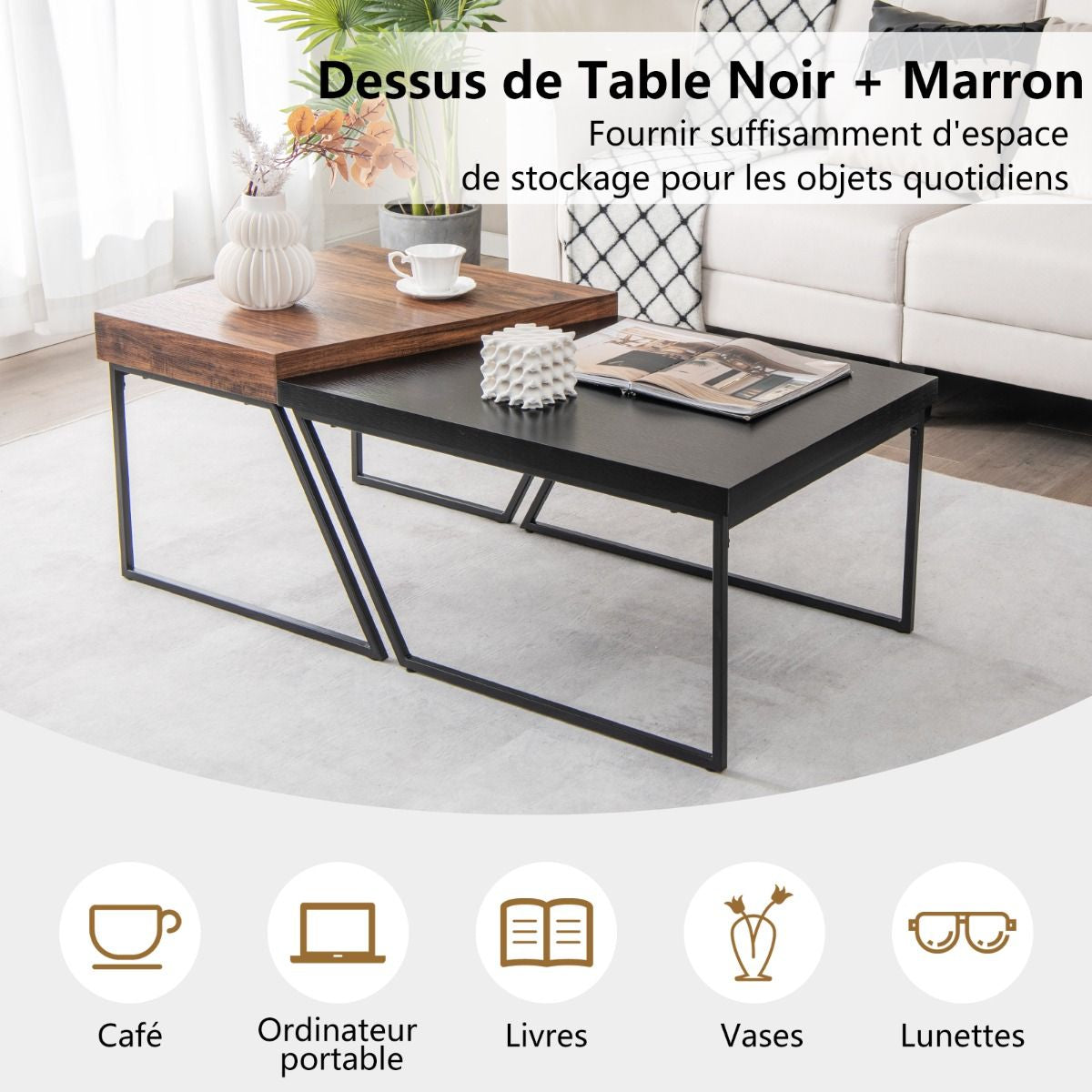 Lot De 2 Tables Basses Gigognes Avec Cadre Métal, Tables D'Appoint Style Industriel Avec 8 Pieds Antidérapants Réglables Noir+Marron