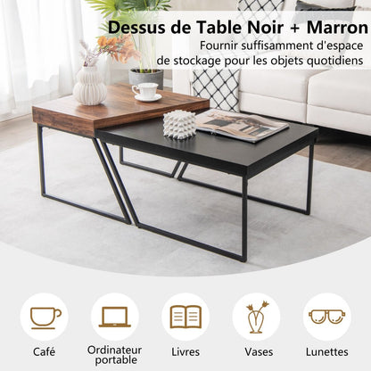 Lot De 2 Tables Basses Gigognes Avec Cadre Métal, Tables D'Appoint Style Industriel Avec 8 Pieds Antidérapants Réglables Noir+Marron